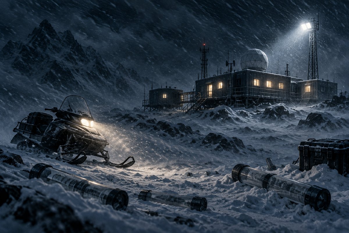 An isolated arctic research station in a storm, the scene of the WhoDunnit mystery Whiteout