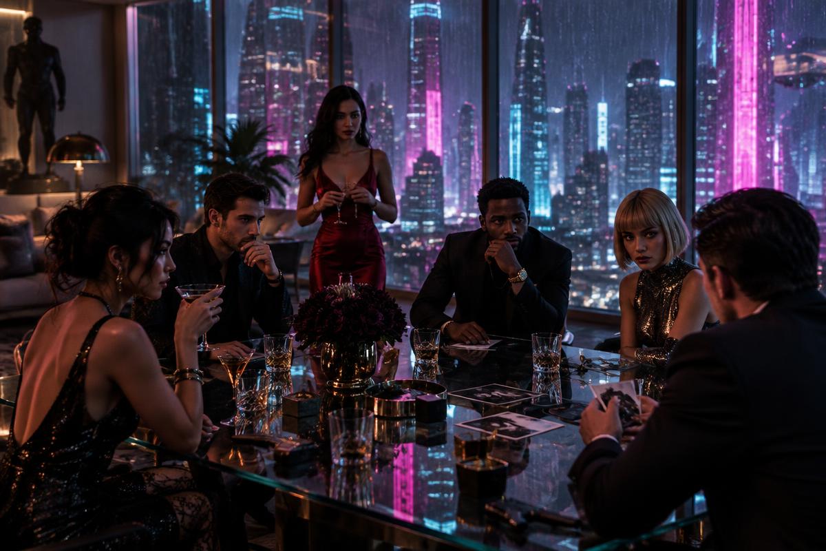 A neon-lit cyberpunk penthouse, the scene of the WhoDunnit mystery Blackout on the 88th Floor