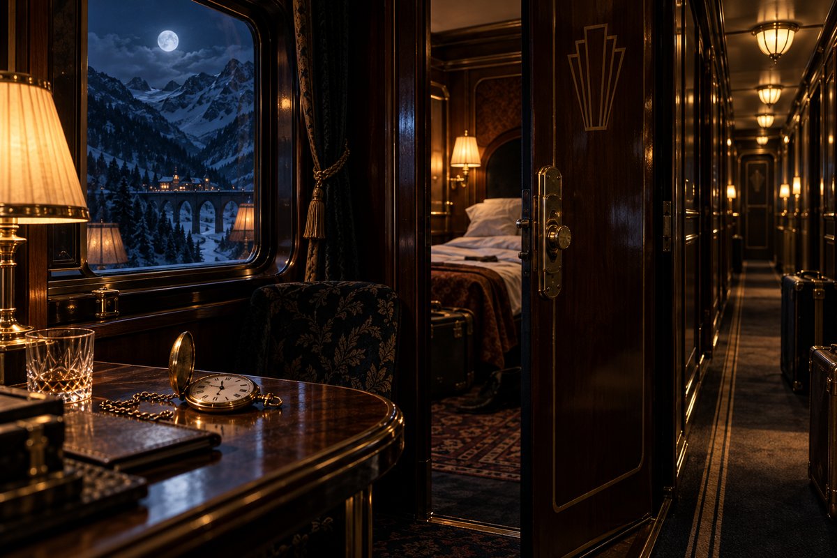 A vintage night train crossing snowy mountains, the scene of the WhoDunnit mystery The Vanishing at 1:12