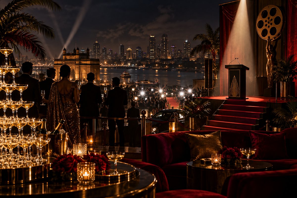 A glamorous rooftop film premiere after-party, the scene of the WhoDunnit mystery Cut at the After-Party