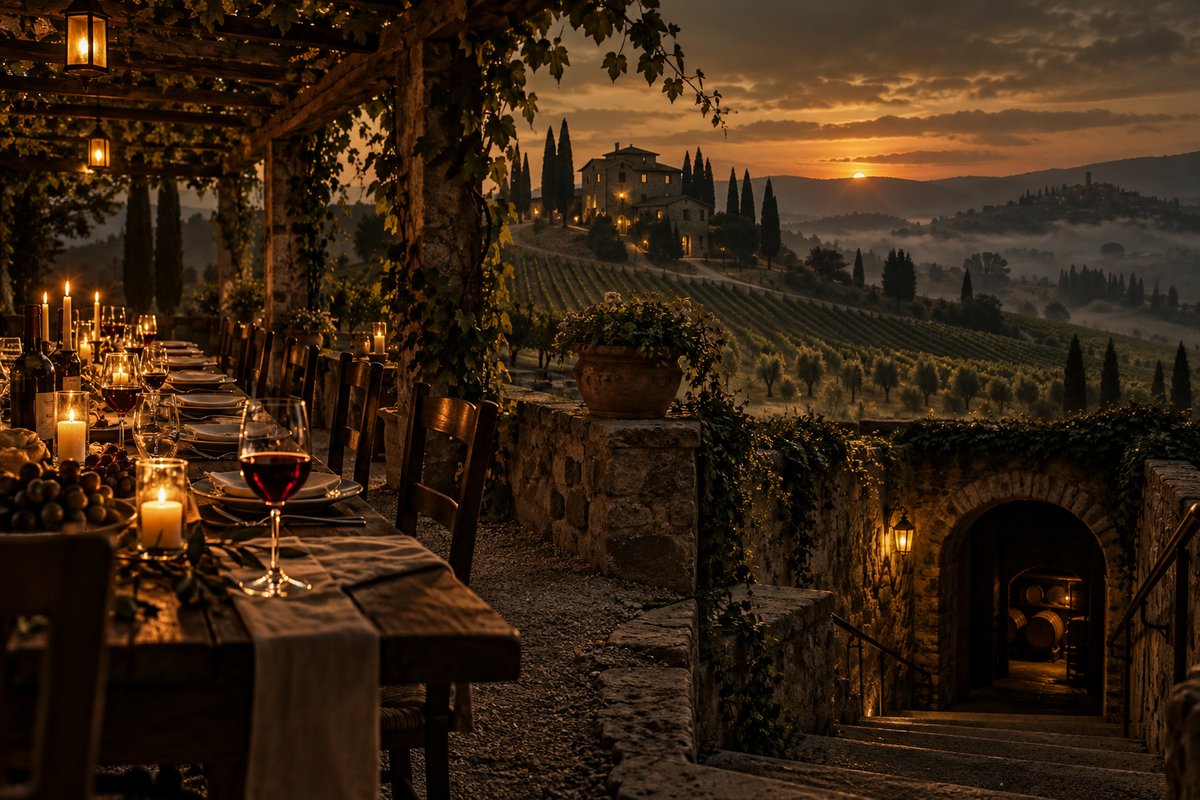 A vineyard estate at harvest time, the scene of the WhoDunnit mystery The Last Vintage